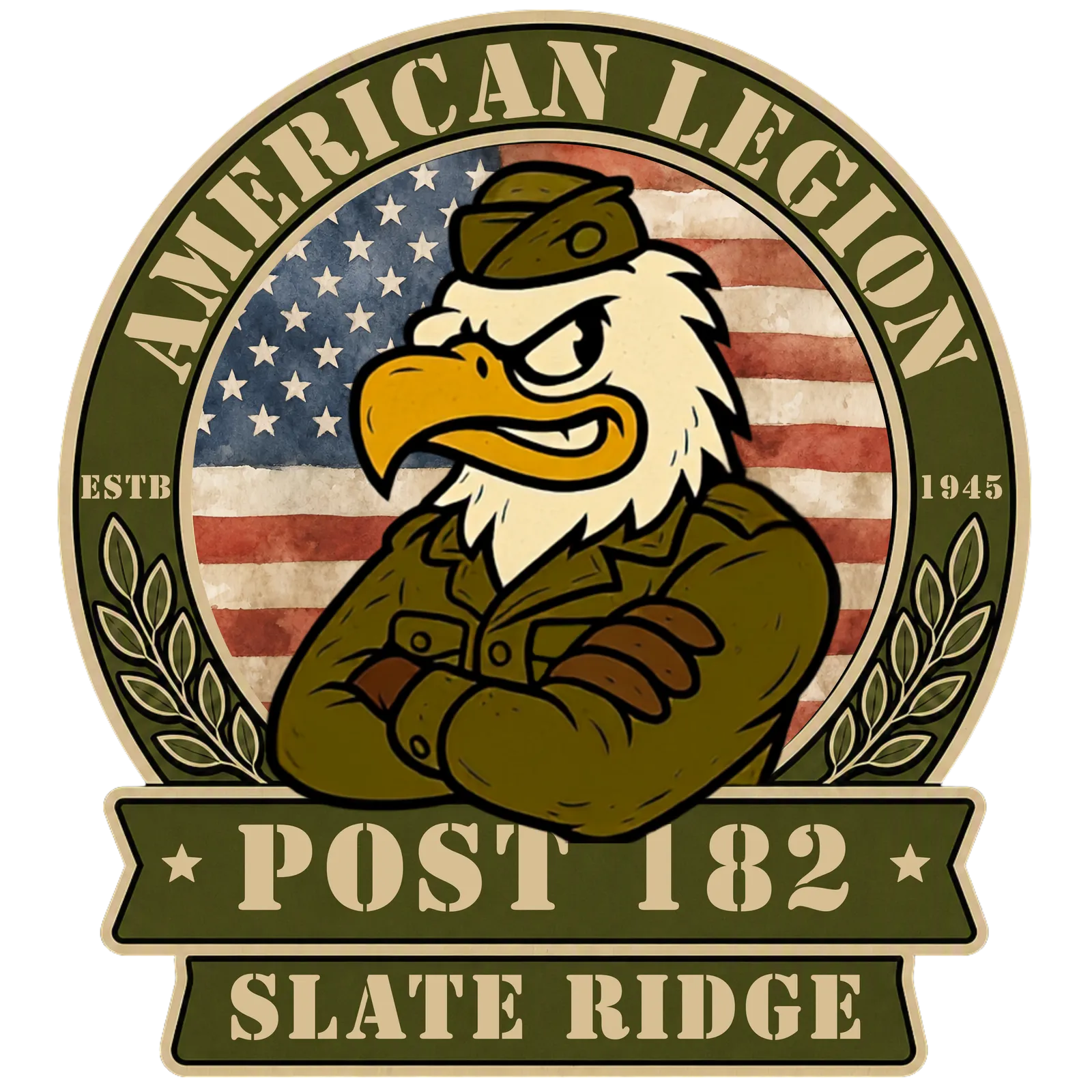 American Legion Post 182 Slate Ridge emblem: an eagle in a garrison cap, established 1945.